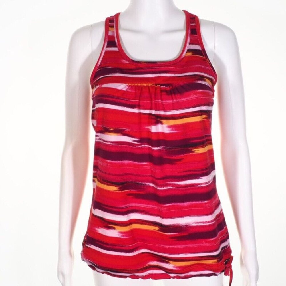 Athleta Top Womens Size Small Racerback Drawcord Red White Yellow  Shelf Bra EUC